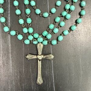 VIRGINS SAINTS & ANGELS VSA Multi-Stand Turquoise Beaded Necklace with Cross